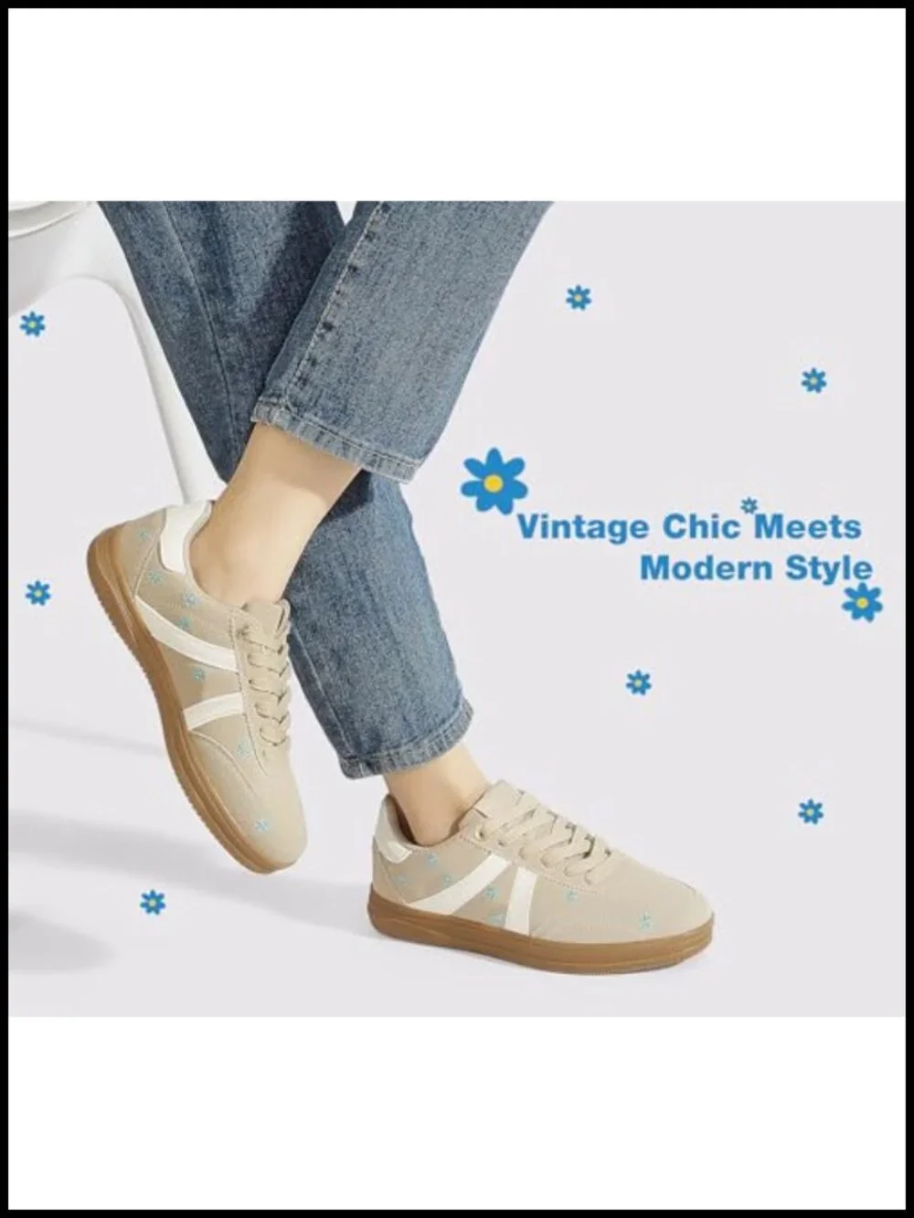 Women Retro Tennis Sneakers Gum Sole Floral Embroidery Slip-Resistant